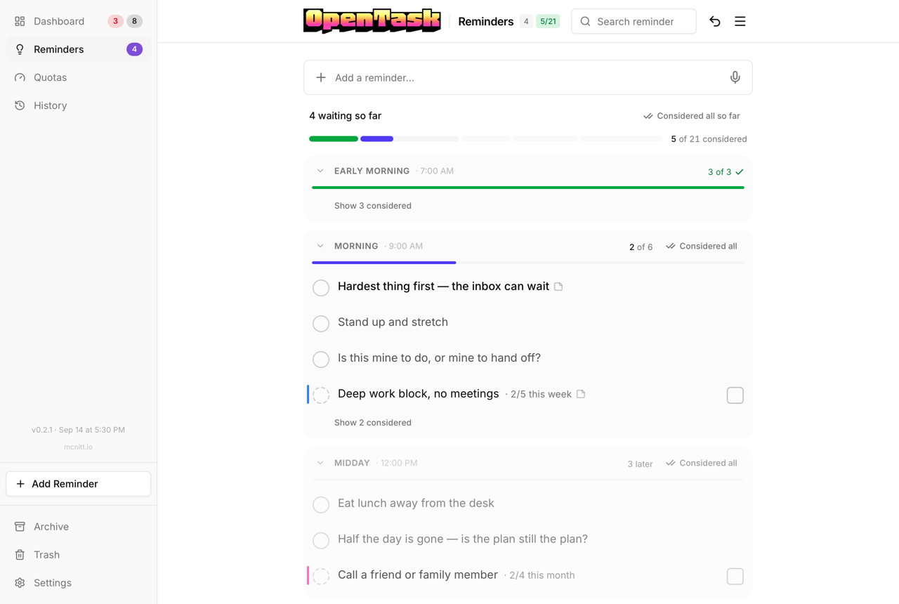 The Reminders page: the day bar, Early morning finished (3 of 3), Morning with two of six considered and a quota reminder, and Midday later in the day