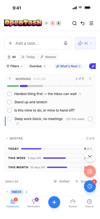 OpenTask iPhone app dashboard: view switch, the current reminder period, and quotas folded to one bar per period โ light theme