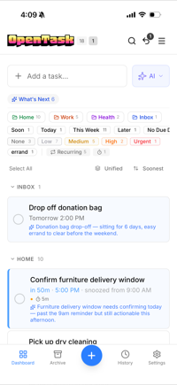 OpenTask iOS app — light theme