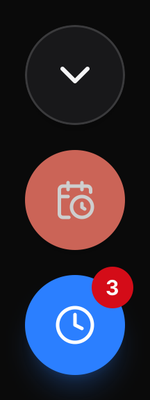 The floating buttons on a phone, top to bottom: a scroll-down button, the Over target button, and the blue snooze-all button with its count