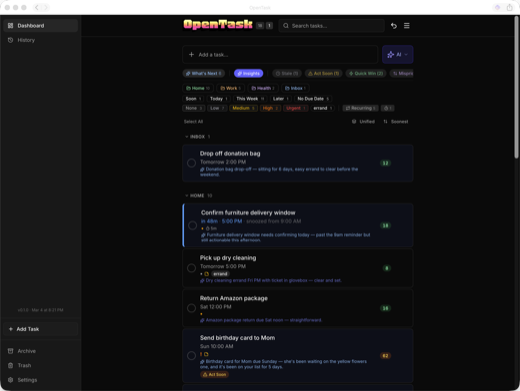 OpenTask web dashboard — dark theme