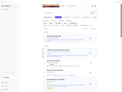 OpenTask web dashboard with AI insights — light theme