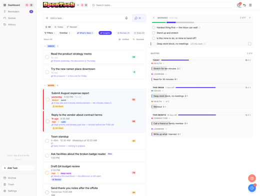 OpenTask web dashboard: tasks grouped by project on the left, the current reminder period and quotas on the right โ light theme