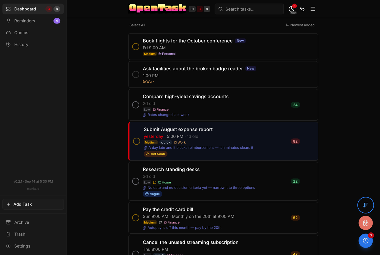 The dashboard in the Newest view: every open task newest first, each row showing its project, with the Newest added caption in place of the sort menu