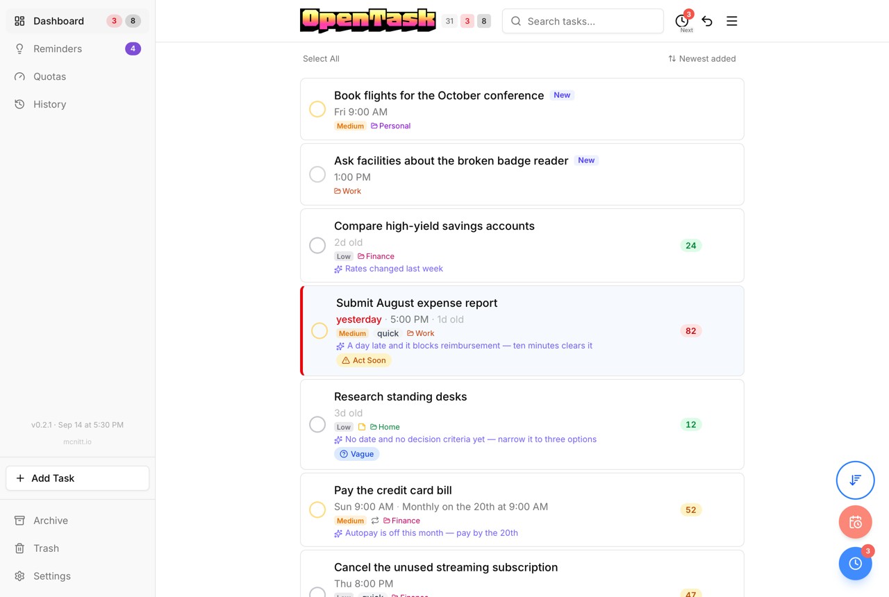 The dashboard in the Newest view: every open task newest first, each row showing its project, with the Newest added caption in place of the sort menu