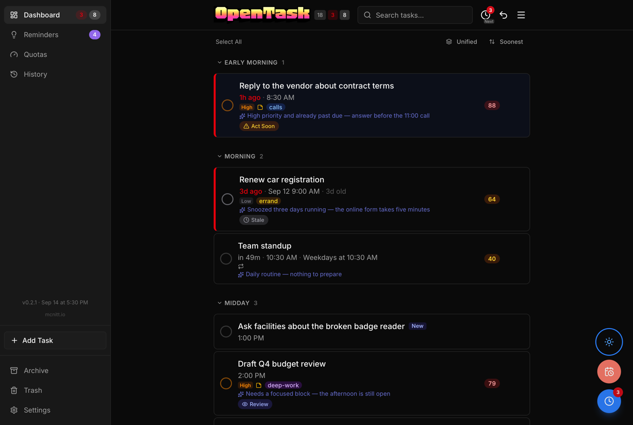 The dashboard in the Today view: tasks grouped into Early morning, Morning and Midday, with the pressed Today button floating above the over-target and snooze-all buttons