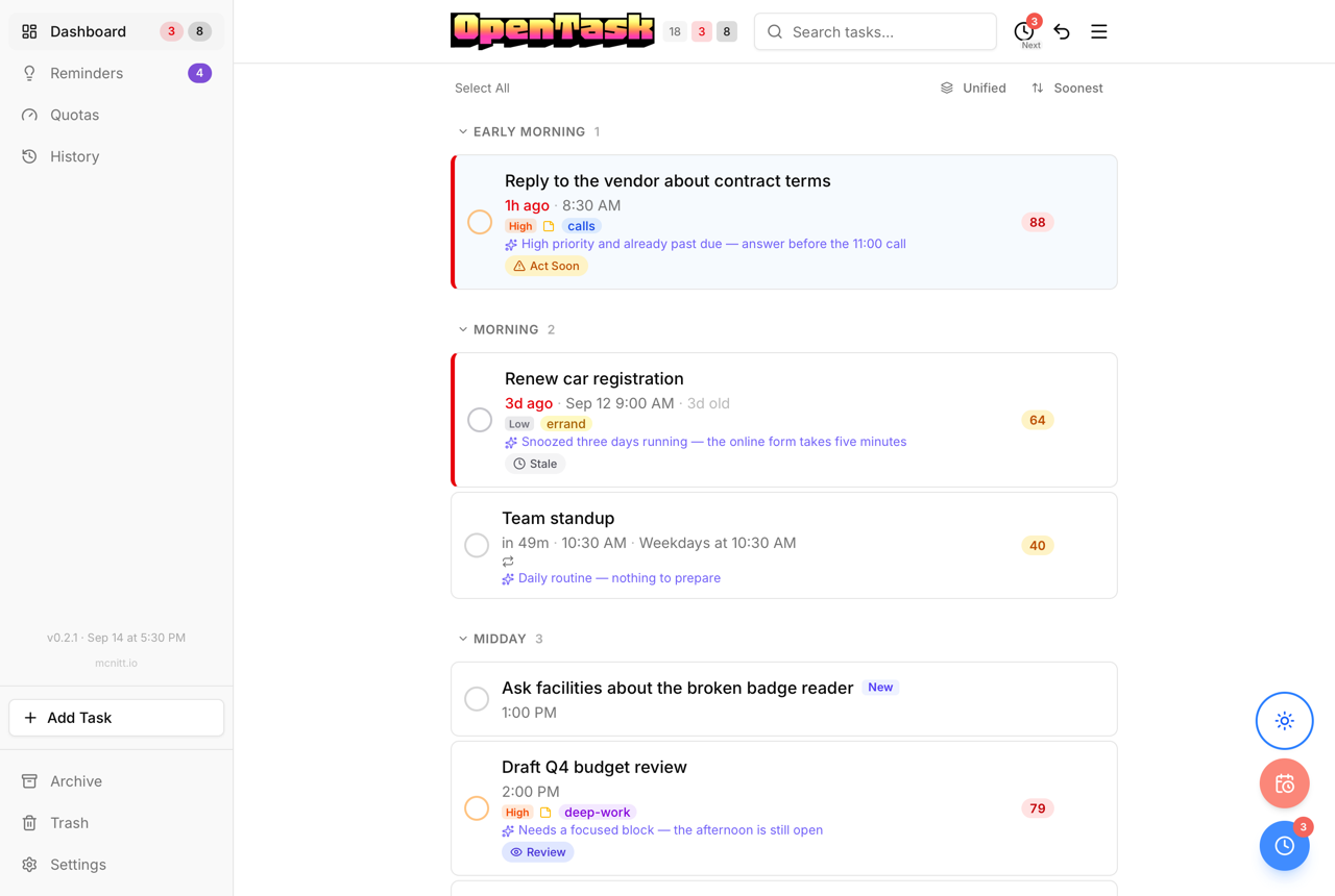 The dashboard in the Today view: tasks grouped into Early morning, Morning and Midday, with the pressed Today button floating above the over-target and snooze-all buttons