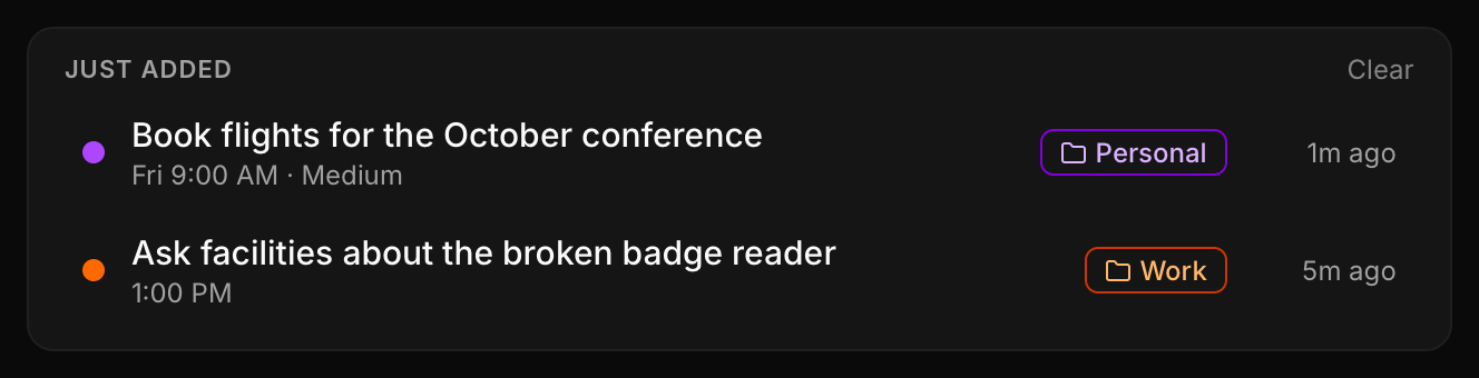 The Just added card listing two new tasks, each with its target time, project and how long ago it was added, and a Clear link