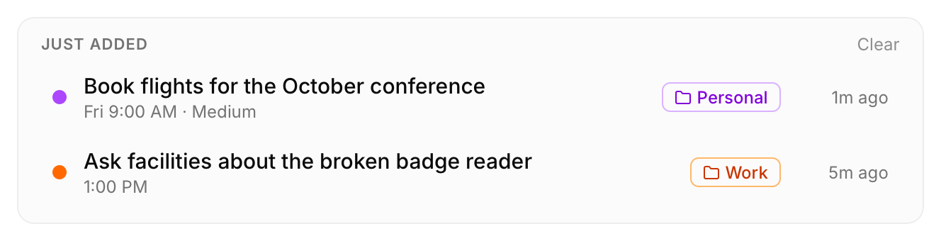 The Just added card listing two new tasks, each with its target time, project and how long ago it was added, and a Clear link