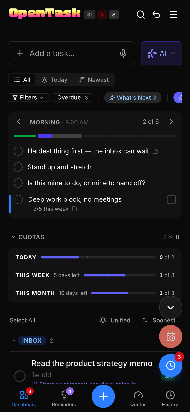 The dashboard on a phone: the current reminder period, then the Quotas panel folded to one progress bar per period