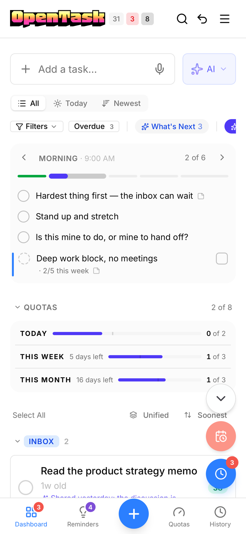 The dashboard on a phone: the current reminder period, then the Quotas panel folded to one progress bar per period