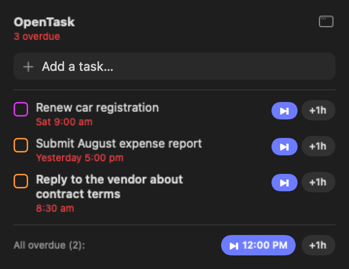 The Mac menu bar panel: Add a task, three over-target tasks each with next-period and +1h buttons, and All over target snooze buttons at the bottom