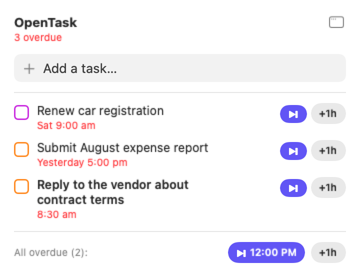 The Mac menu bar panel: Add a task, three over-target tasks each with next-period and +1h buttons, and All over target snooze buttons at the bottom