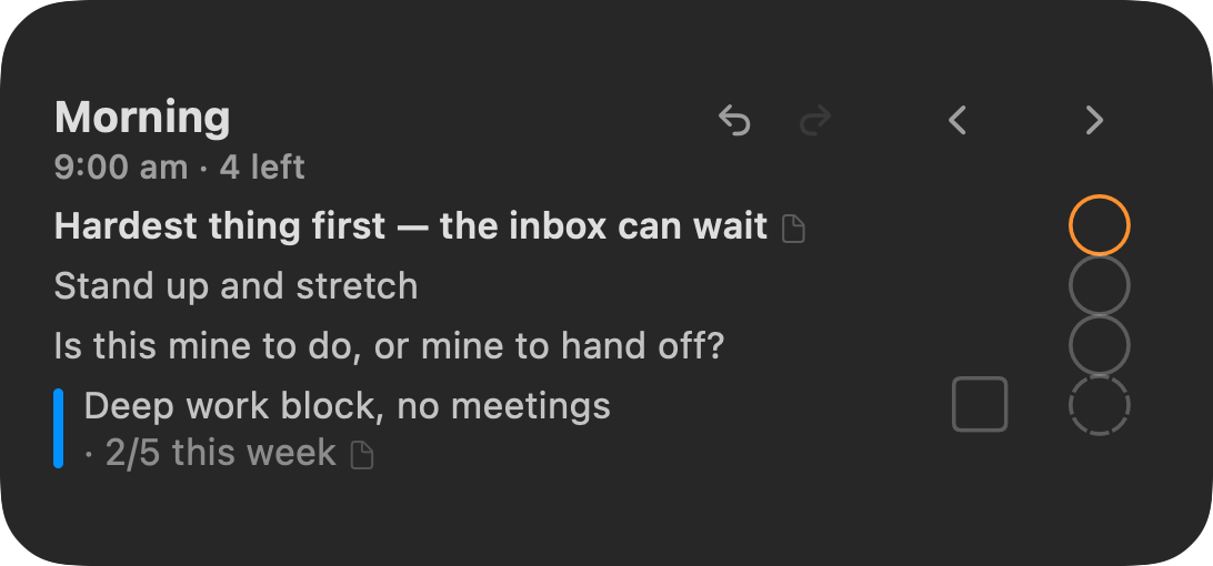 Medium Reminders widget for the Morning period: three reminders and a quota reminder with its 2/5 this week count