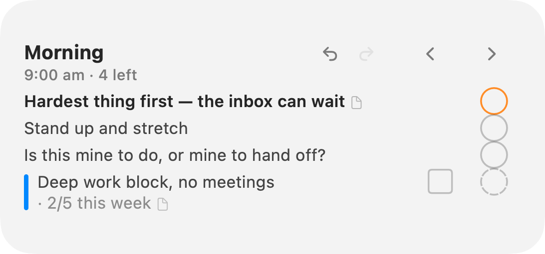 Medium Reminders widget for the Morning period: three reminders and a quota reminder with its 2/5 this week count