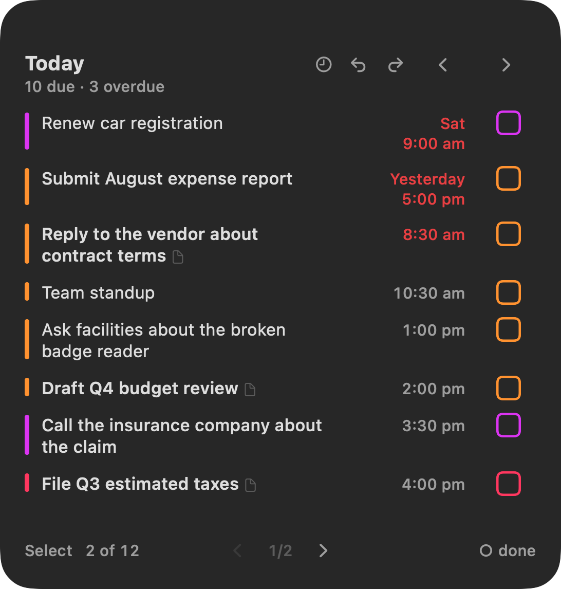 Large Today's Tasks widget on the Today page: ten due and three over target, each with its target time and a square to complete it, and Select, pager and done controls at the bottom