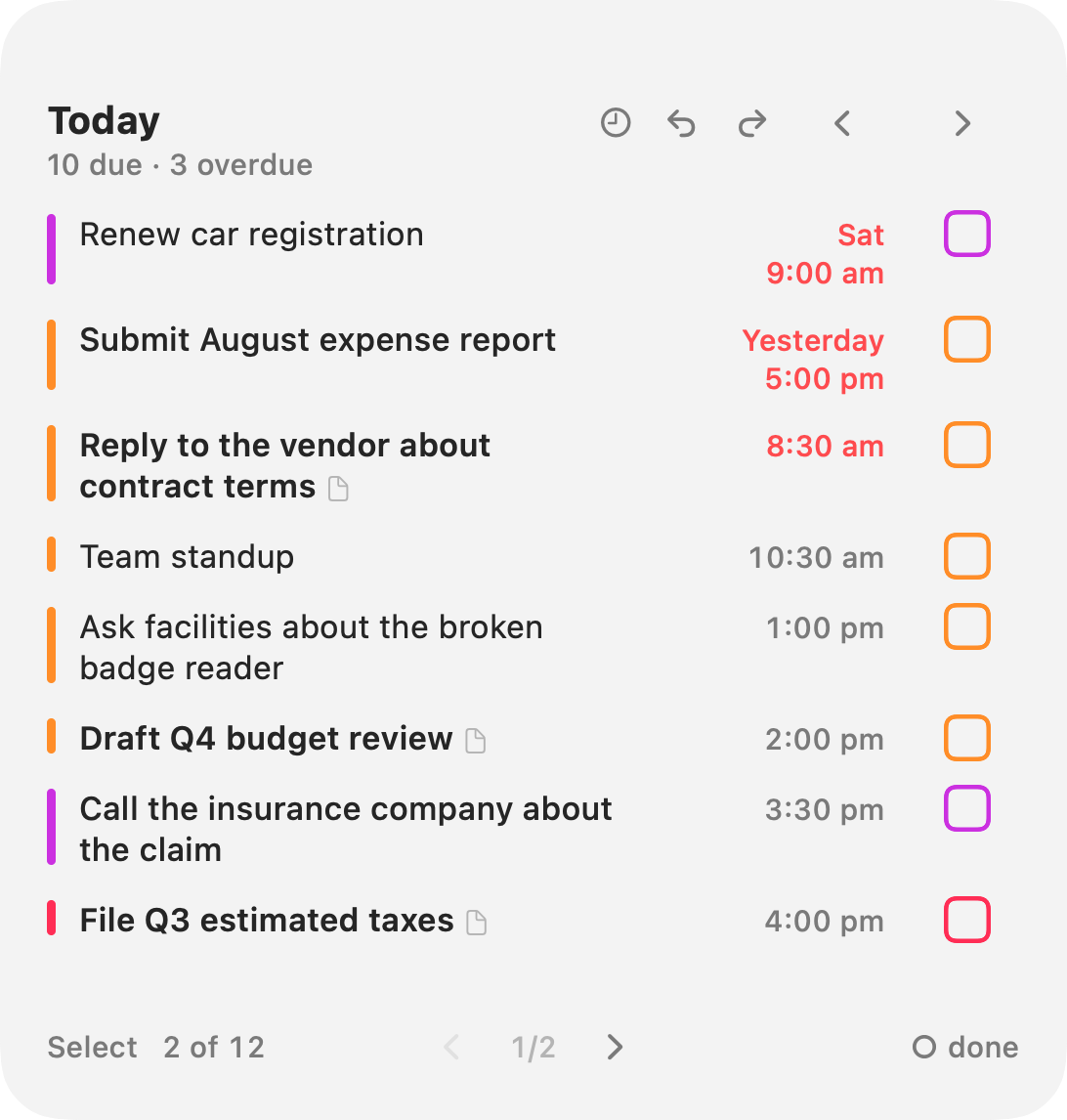 Large Today's Tasks widget on the Today page: ten due and three over target, each with its target time and a square to complete it, and Select, pager and done controls at the bottom