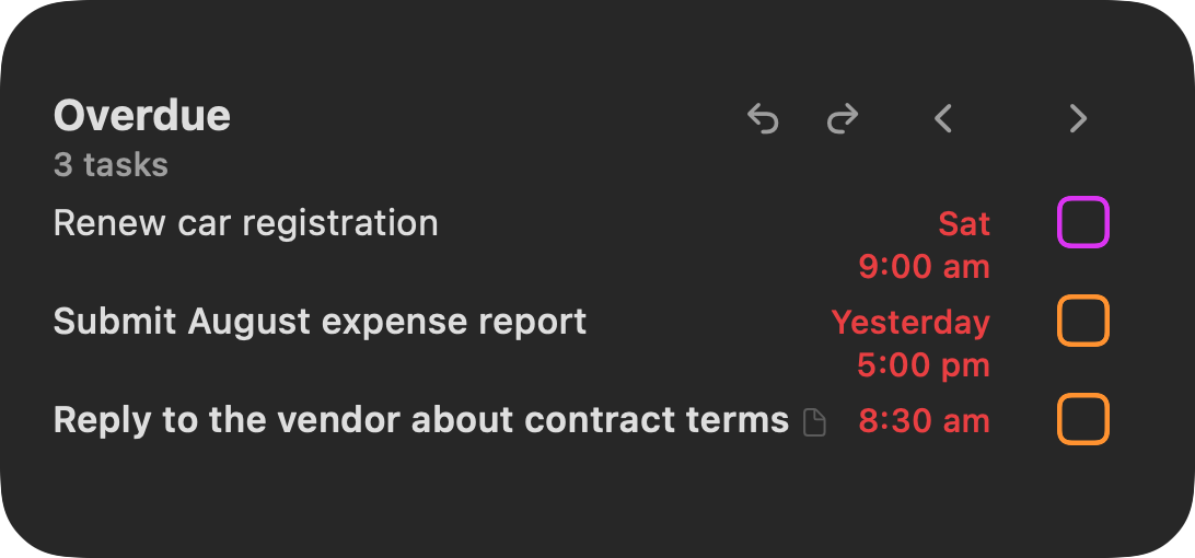 Medium Today's Tasks widget on the Over target page: three over-target tasks with their target times