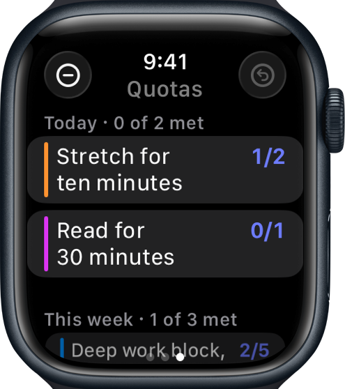 The Apple Watch app's Quotas page: today's and this week's quotas with their counts
