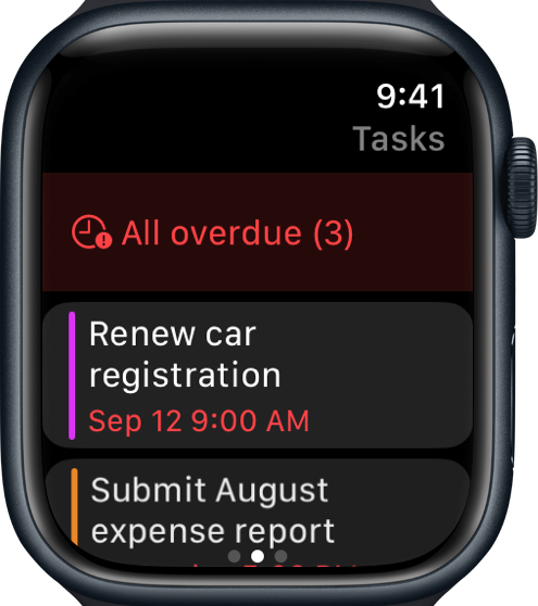 The Apple Watch app's Tasks page: a snooze-all button above the over-target tasks
